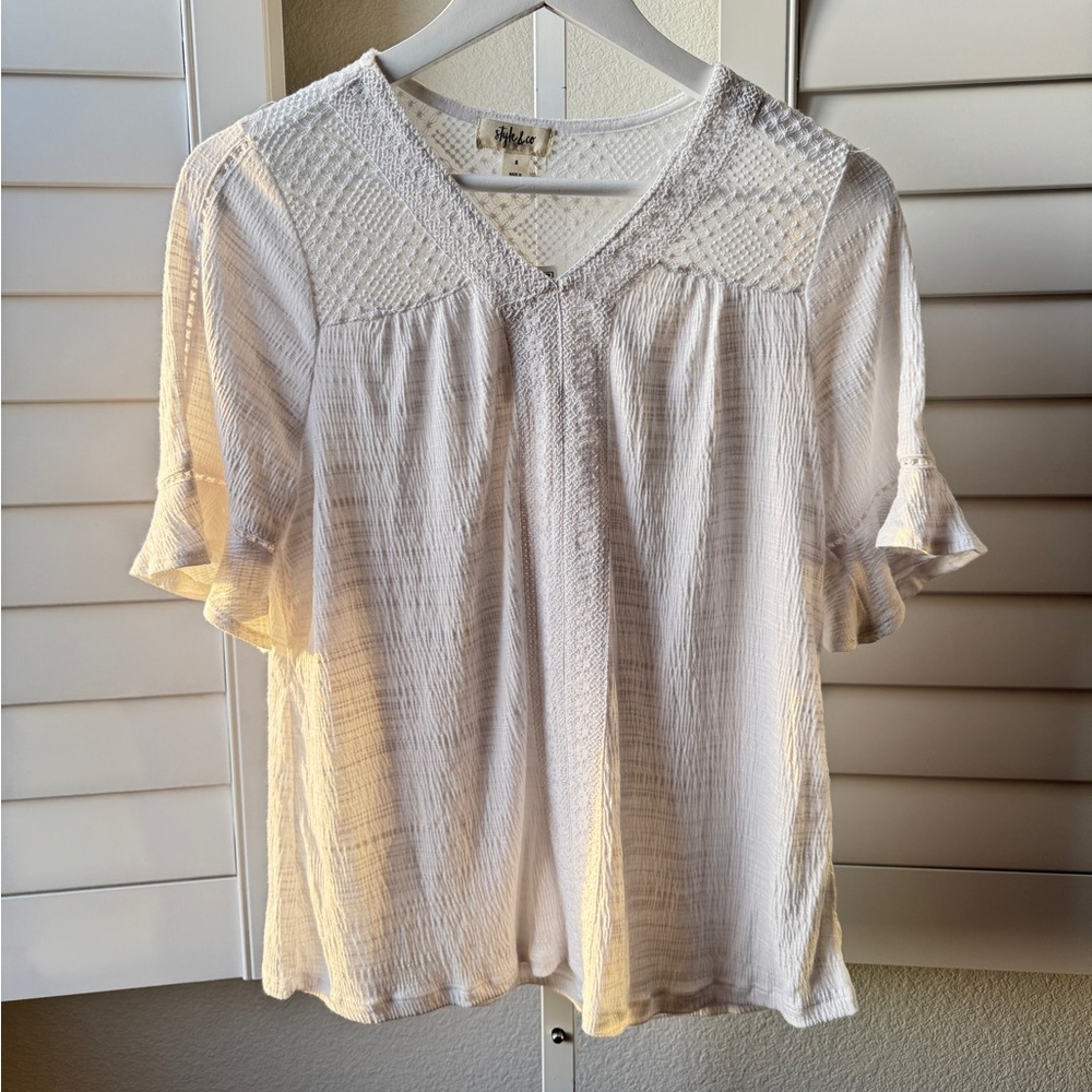 Style & Co. Cream Textured Blouse with Ruffle Sleeves